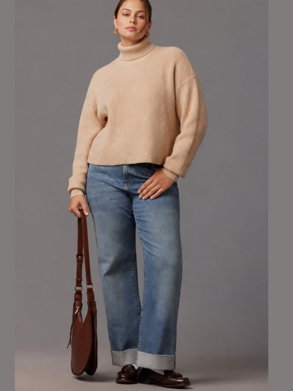 Good American Cropped Cream Tan Beige Ribbed Balloon Sleeve Turtleneck 3 L